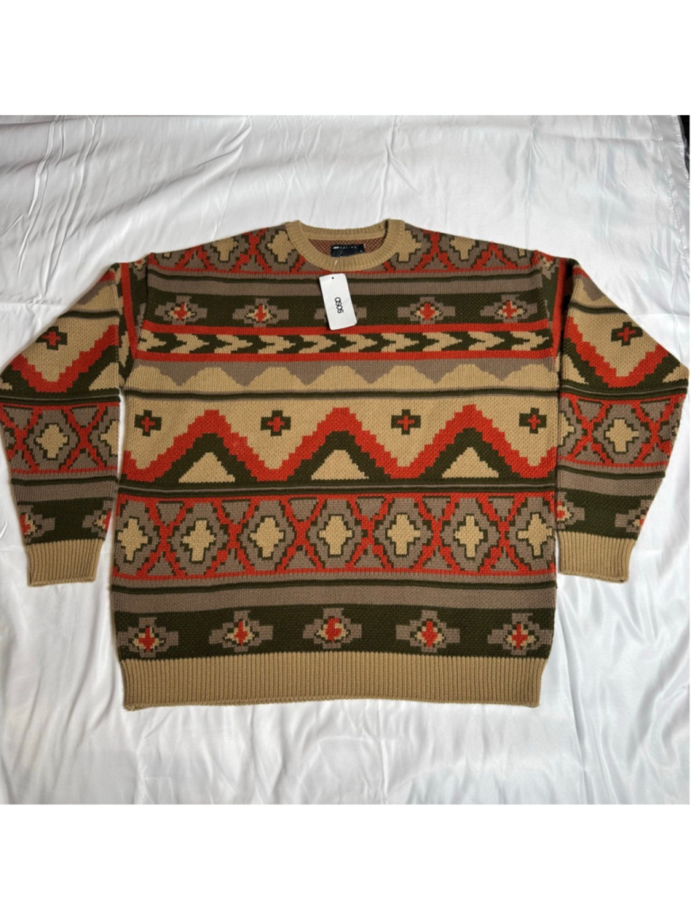 Men's ASOS DESIGN Crewneck Sweater S Brown Green Patterned